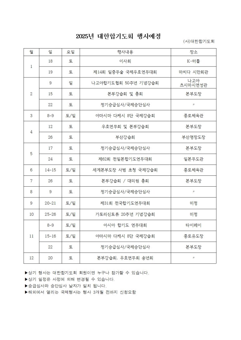2025년 대한합기도회 행사예정표
